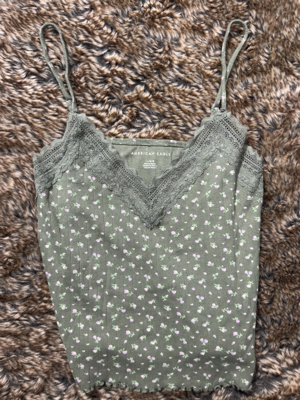 American Eagle Outfitters Olive Floral Lace-Trim Cami
